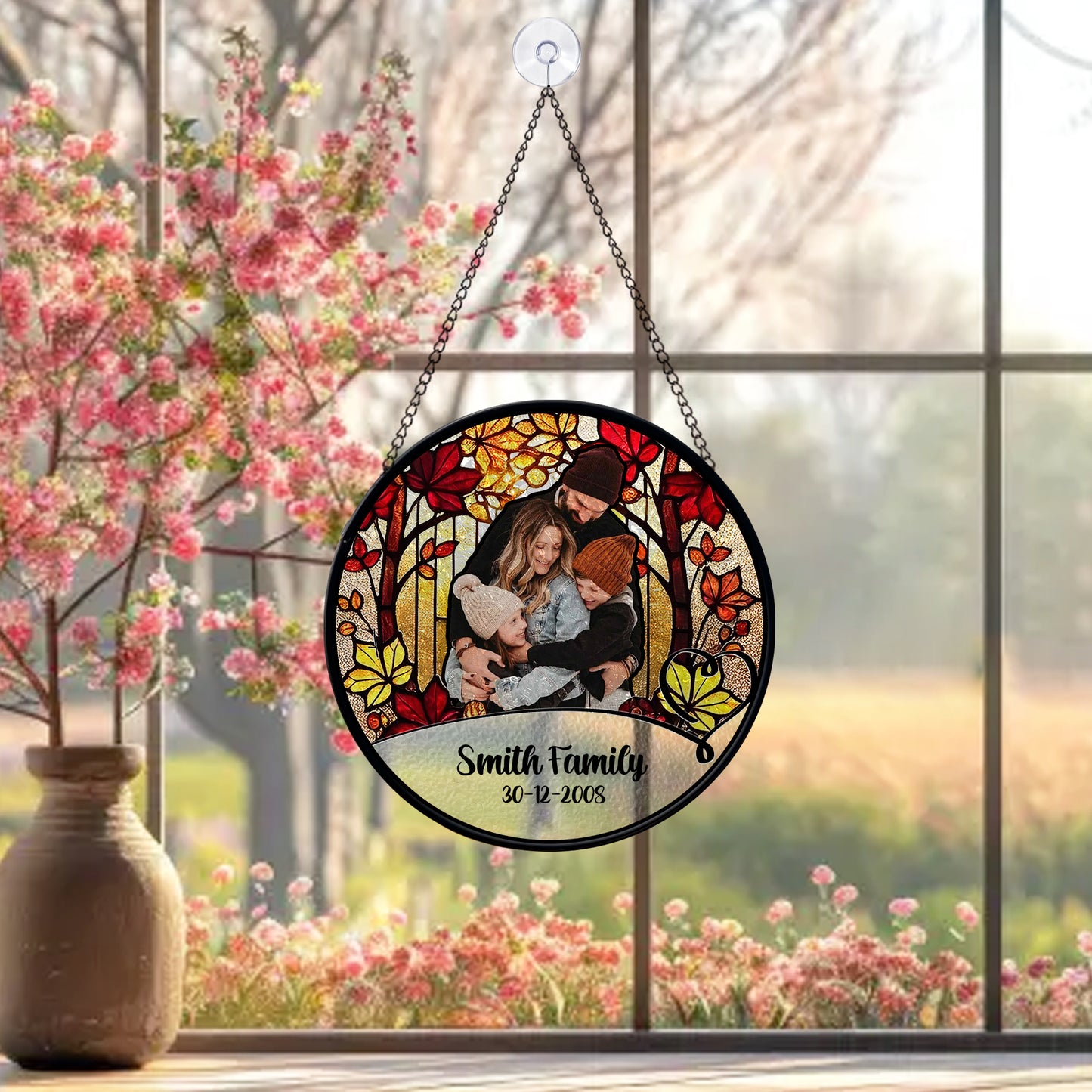 Personalized Family Photo Glass Suncatcher – Custom Stained Glass Window Hanging with Name and Date – Fall Tree Theme Gift for Family (Sun-85)