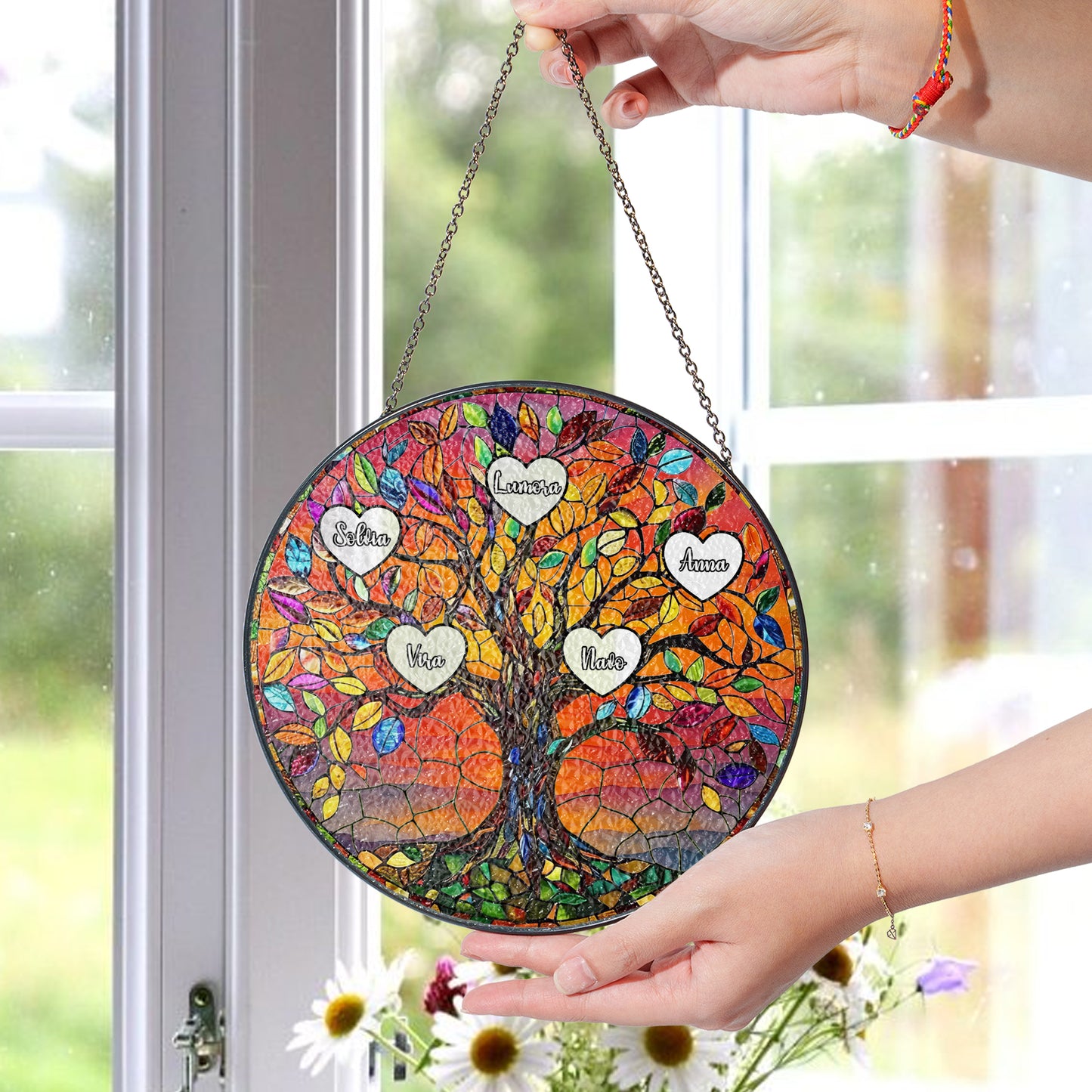 Personalized Family Tree Stained Glass Suncatcher – Custom Names Gift for Mom, Grandma or Nana – Window Hanging Home Decor (Sun-79)