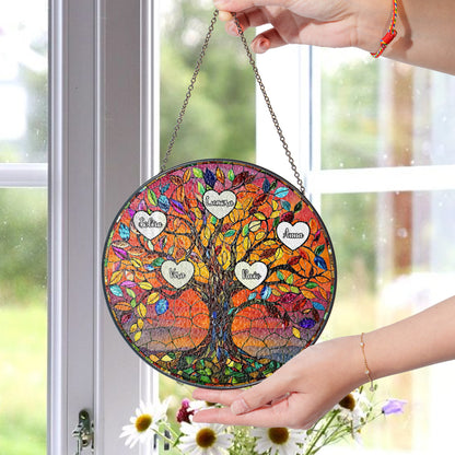 Personalized Family Tree Stained Glass Suncatcher – Custom Names Gift for Mom, Grandma or Nana – Window Hanging Home Decor (Sun-79)