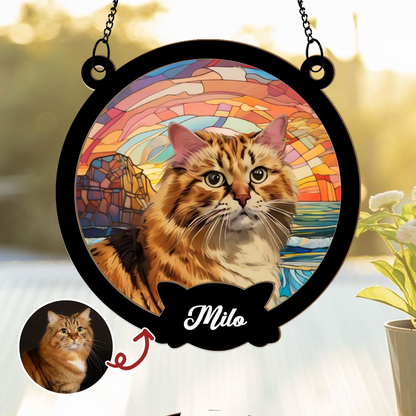 Personalized Cat Portrait Suncatcher – Custom Starry Sky Window Hanging with Pet Photo and Name – Gift for Cat Lovers and Pet Owners (H-Sun-21)