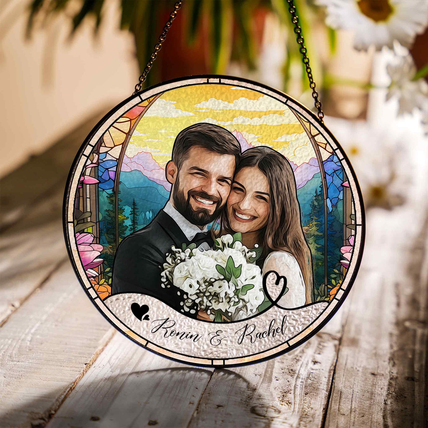 Wedding Photo Glass Suncatcher, Personalized Couple Portrait Ornament, Custom Bride and Groom Keepsake, Newlywed Gift Idea, Romantic Wedding Gift (Sun-111)