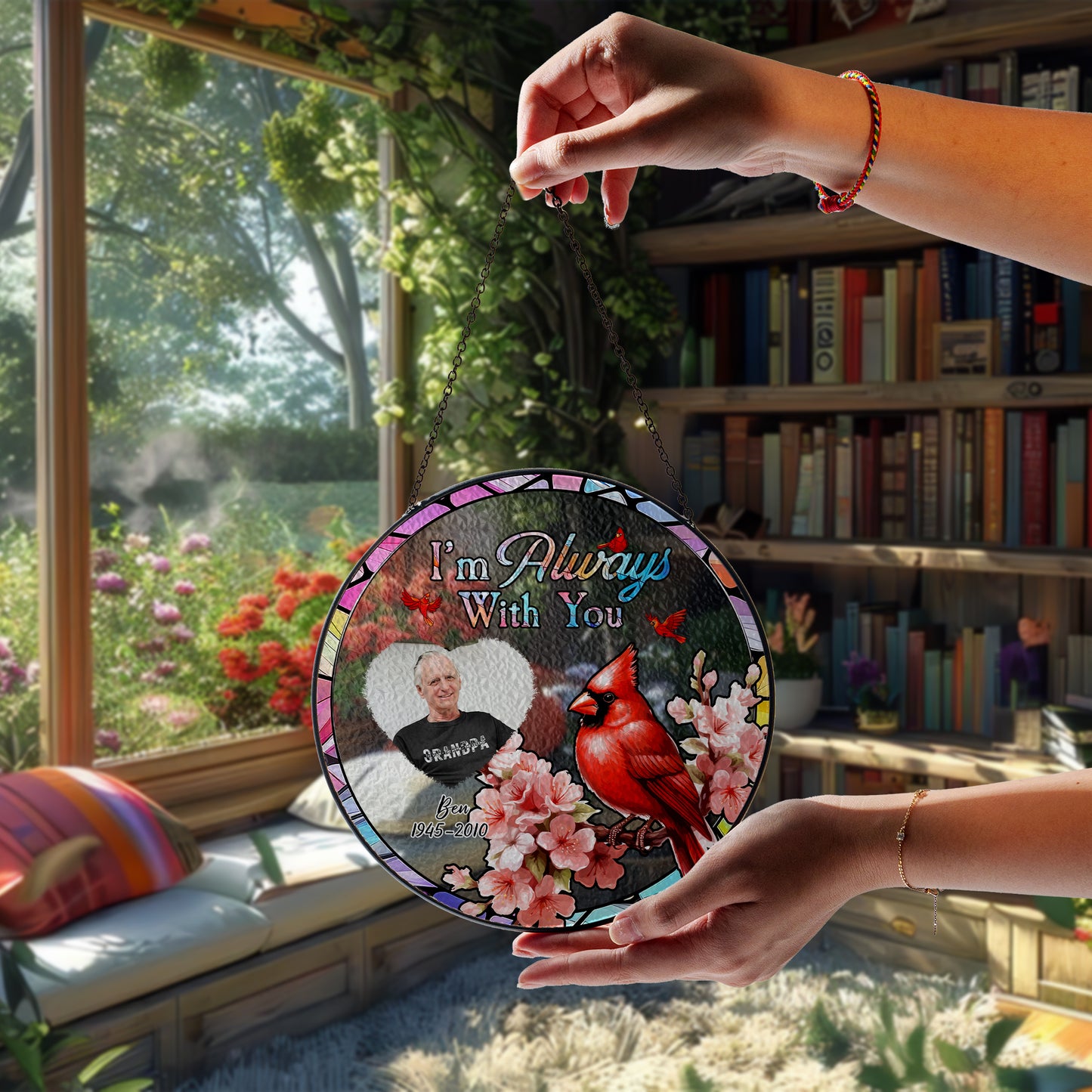 Cardinal Remembrance Glass Suncatcher – Custom Photo Memorial Hanging Sign for Loss of Loved One (Sun-96)