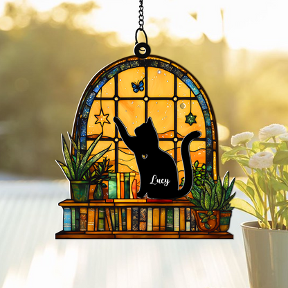 Personalized Cat Hanging Suncatcher – Custom Name Window Hanging Decor for Cat Lovers & Pet Memorial (H-Sun-20)