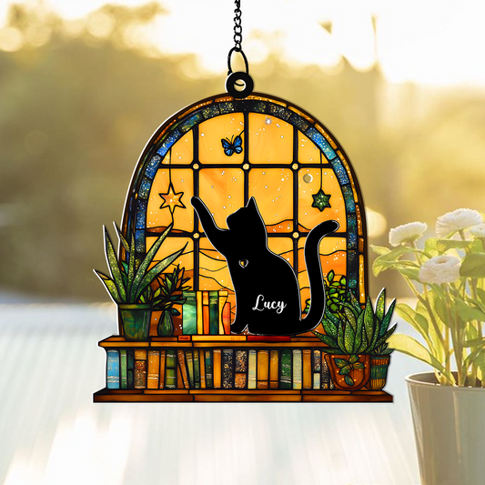 Personalized Cat Hanging Suncatcher – Custom Name Window Hanging Decor for Cat Lovers & Pet Memorial (H-Sun-20)