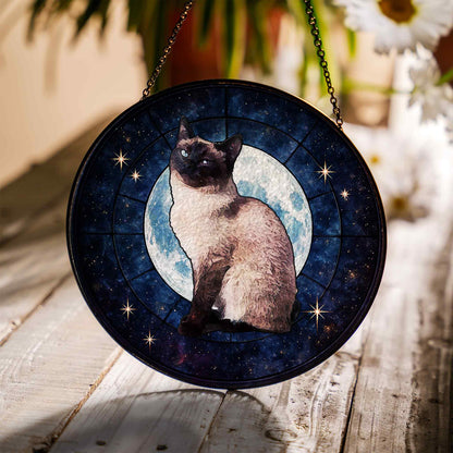 Cat Glass Ornaments, Paradise Cat Window Ornaments, Stained Glass Moon and Star Ornaments, Gifts for Cat Lovers (Sun-107)