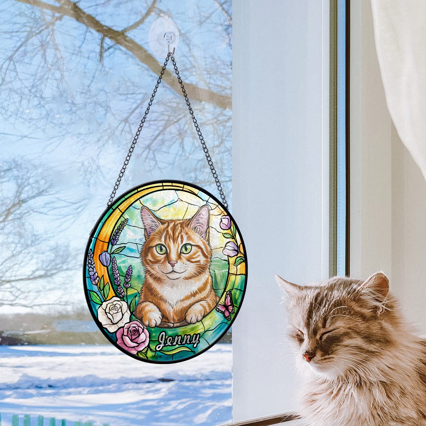 Custom Cat Portrait Glass Suncatcher – Personalized Pet Memorial or Gift for Cat Lovers – Floral Window Hanging with Pet Name (Sun-90)