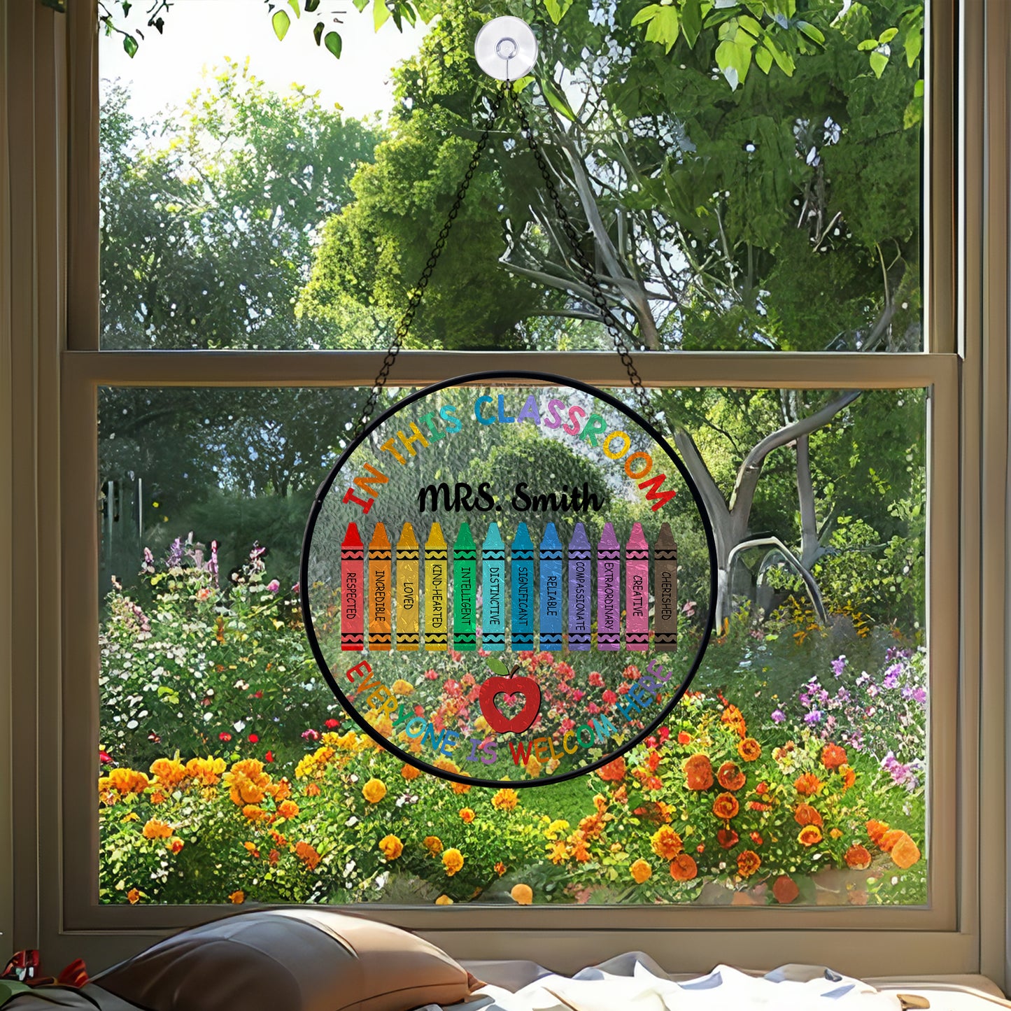 Custom Classroom Glass Suncatcher – Teacher Gift with Rainbow Crayons and Welcome Quote – Back to School Window Decoration (Sun-88)