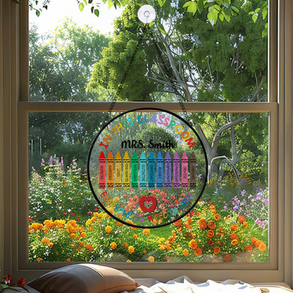Custom Classroom Glass Suncatcher – Teacher Gift with Rainbow Crayons and Welcome Quote – Back to School Window Decoration (Sun-88)