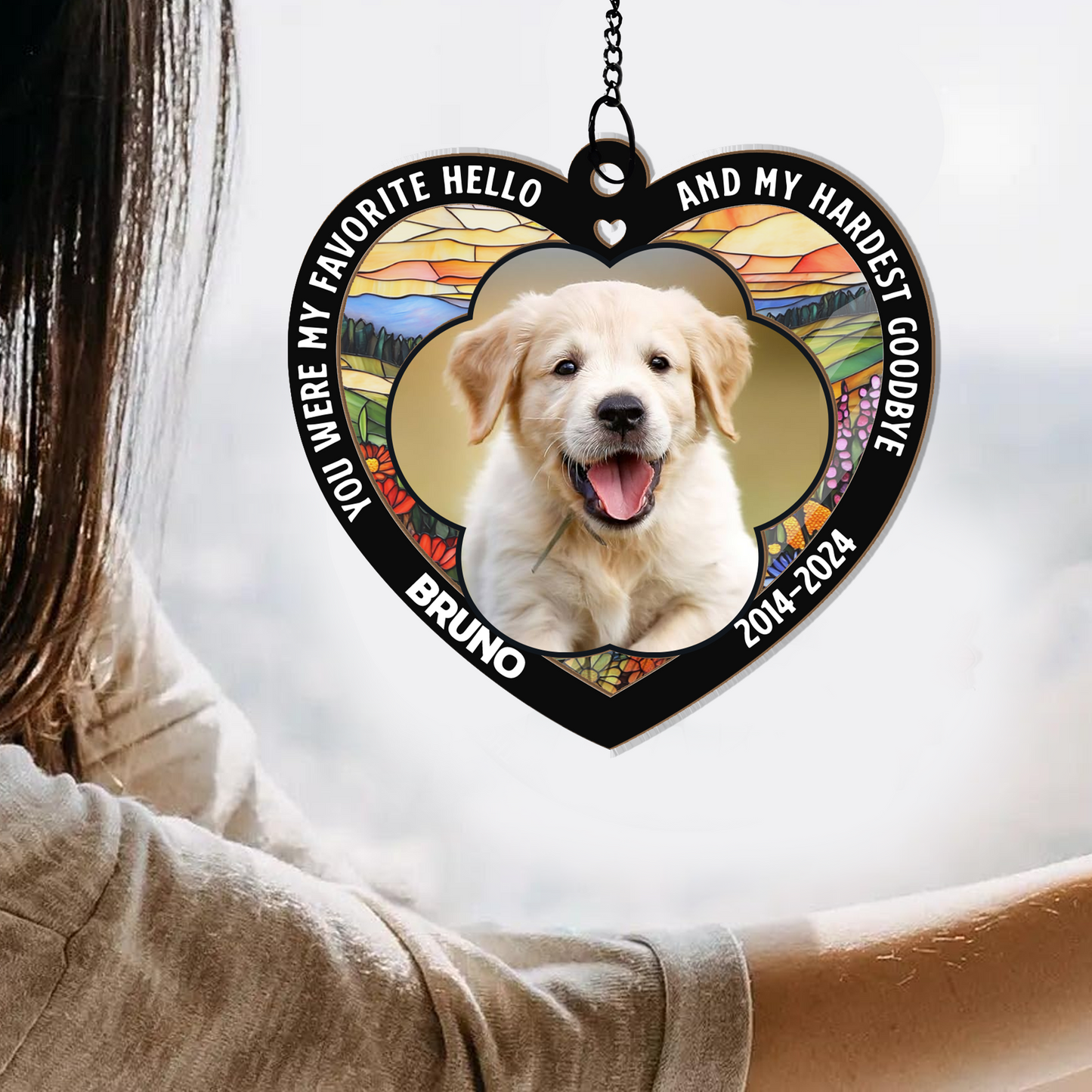 In Loving Memory of Dog Suncatcher – Custom Name & Years Heart Window Hanging – Pet Bereavement Keepsake (H-Sun-23)