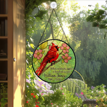 Personalized Cardinal Memorial Suncatcher – Custom Name & Dates – When Cardinals Appear a Loved One Is Near (Sun-94)