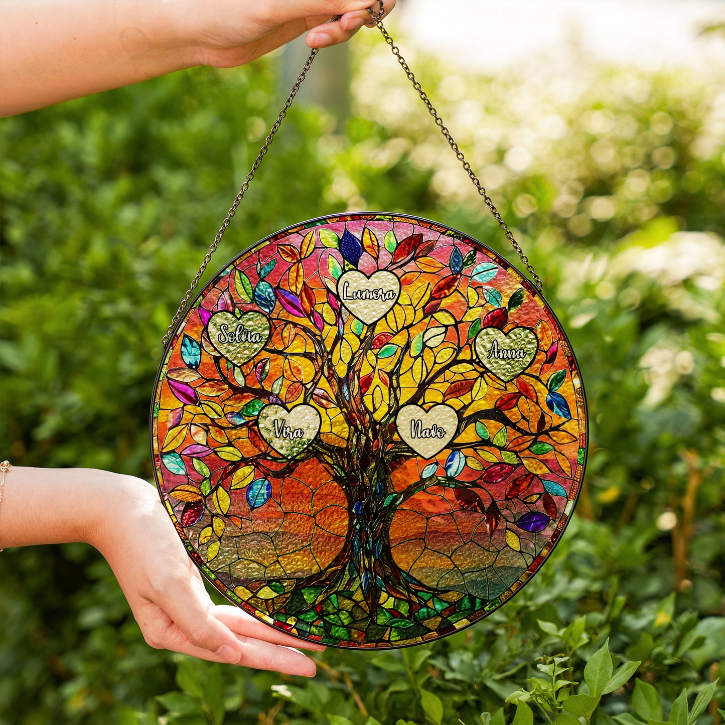 Personalized Family Tree Stained Glass Suncatcher – Custom Names Gift for Mom, Grandma or Nana – Window Hanging Home Decor (Sun-79)