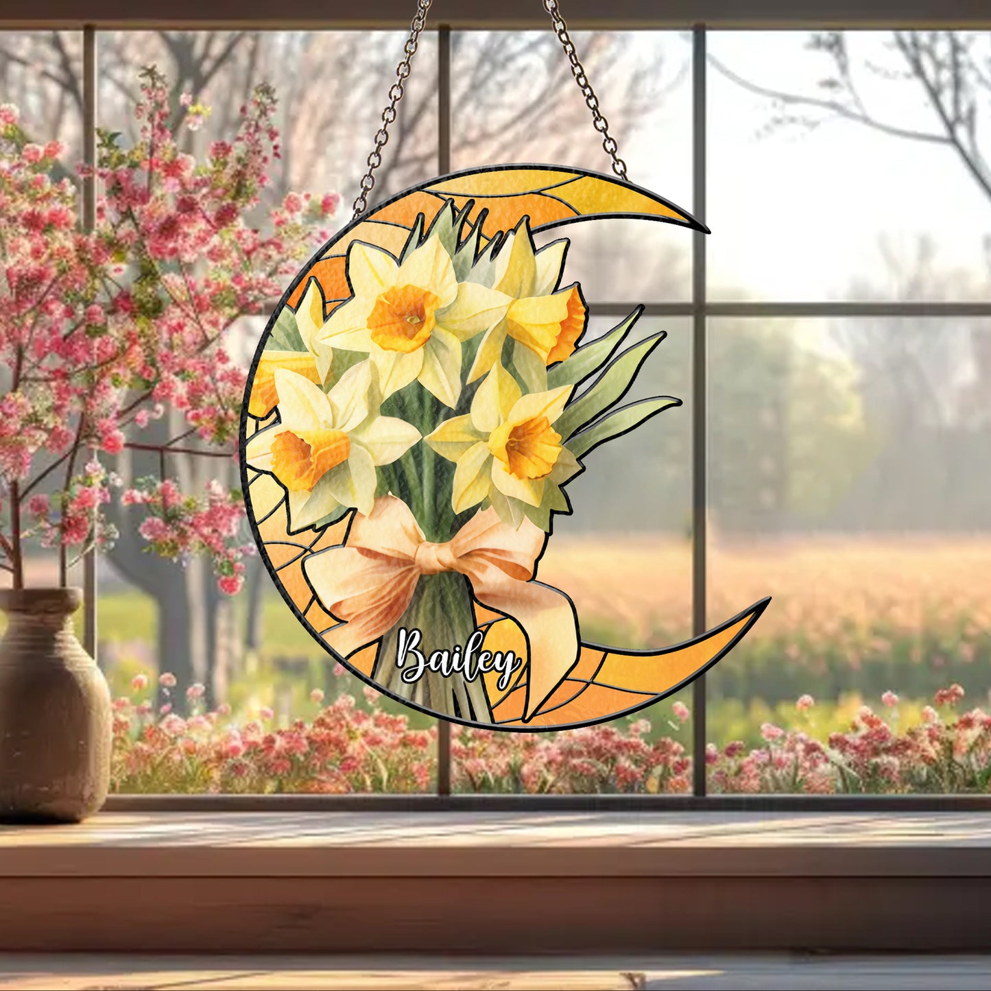 Custom Crescent Moon Glass Suncatcher with Personalized Birth Flowers and Name – Unique Window Decor and Gift for Mother, Mimi, or Nana (Sun-78)