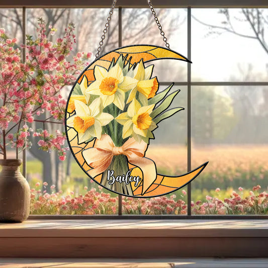 Custom Crescent Moon Glass Suncatcher with Personalized Birth Flowers and Name – Unique Window Decor and Gift for Mother, Mimi, or Nana (Sun-78)
