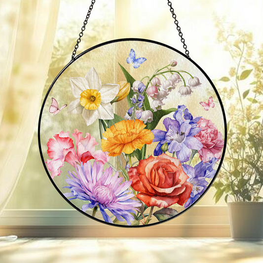 Delicate Floral Glass Suncatcher – Blooming Botanical Window Hanging with Butterflies – Elegant Nature-Inspired Gift for Mom or Grandma (Sun-100)