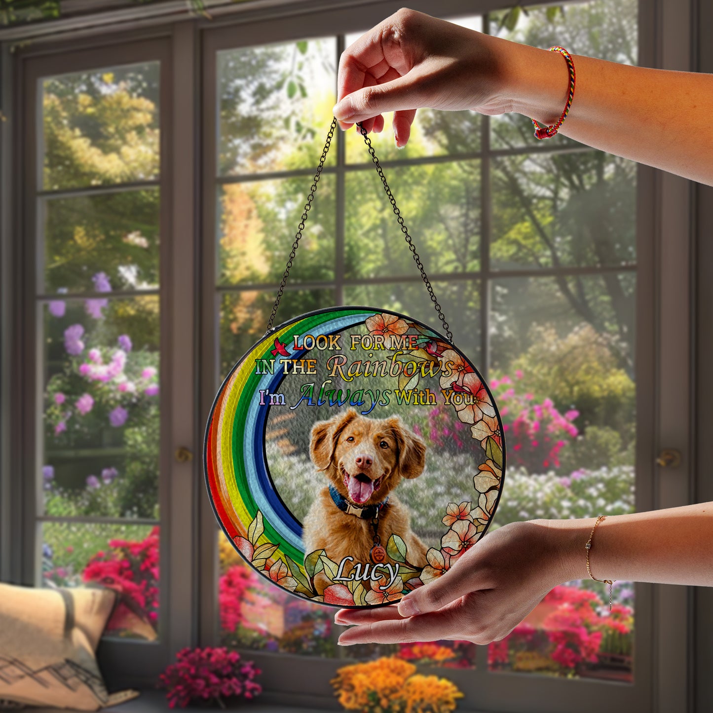 Personalized Rainbow Bridge Pet Memorial Glass Suncatcher – Custom Photo Keepsake for Loss of Dog or Cat (Sun-93)