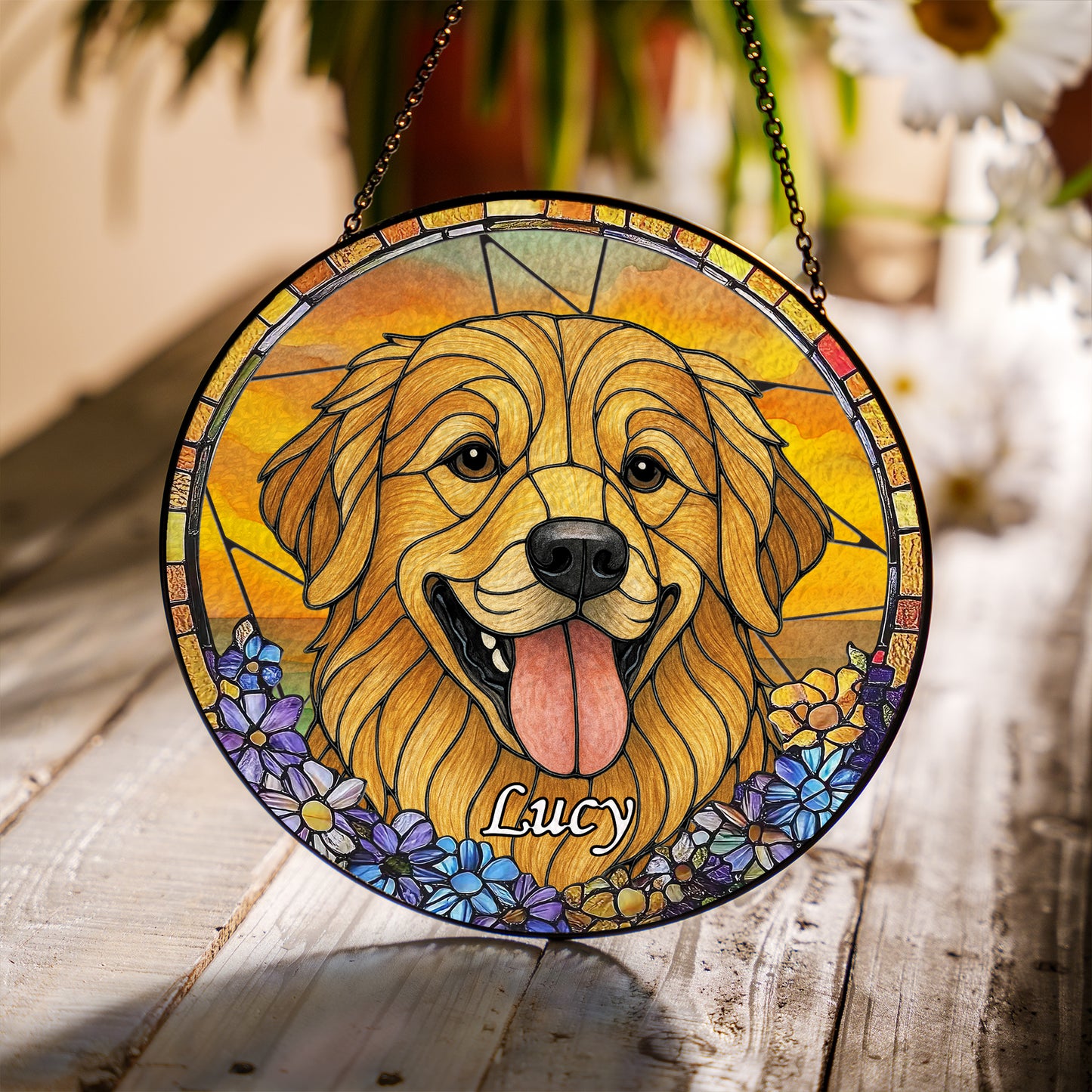 Personalized Dog Portrait Glass Suncatcher with Pet Name – Custom Stained Glass Style Window Hanging for Dog Lovers & Memorial Gift (Sun-81)