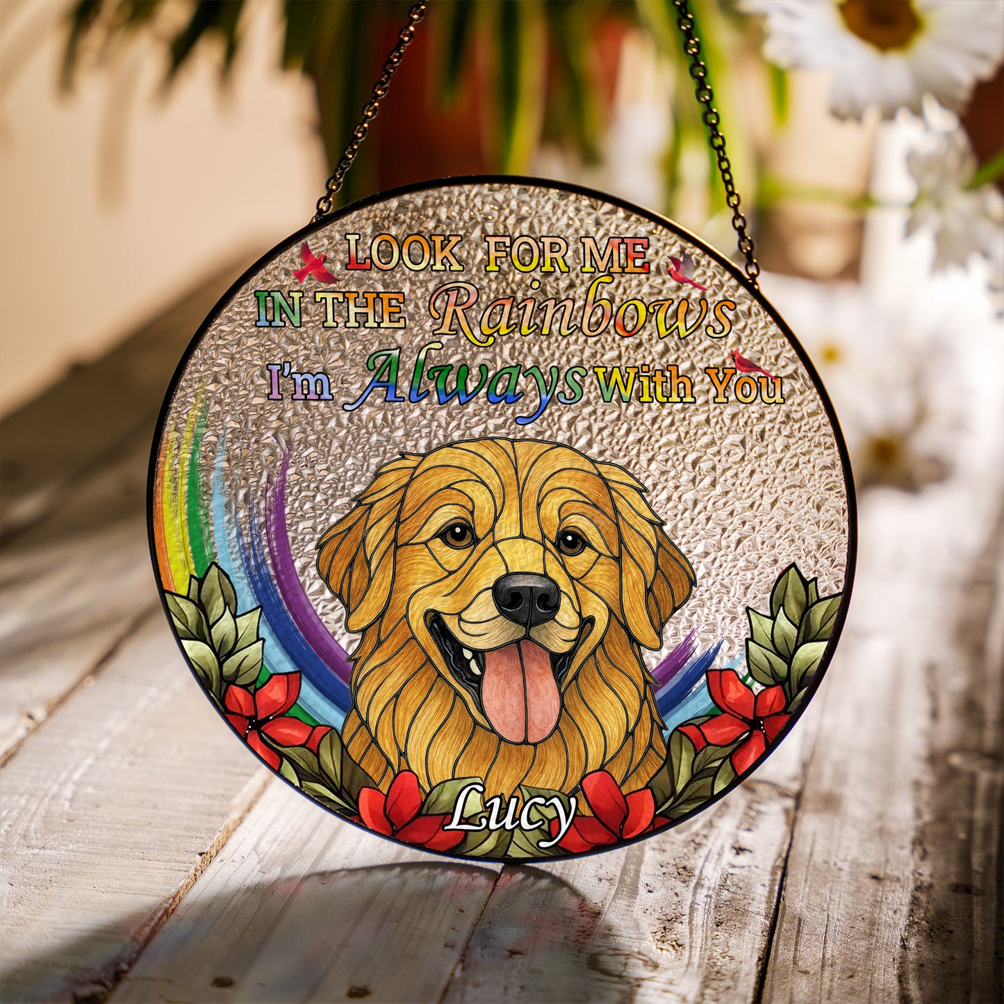 Custom Pet Glass Suncatcher with Floral Design – Personalized Dog Face Window Ornament for Pet Owners, Memorial, or Birthday Gift (Sun-82)