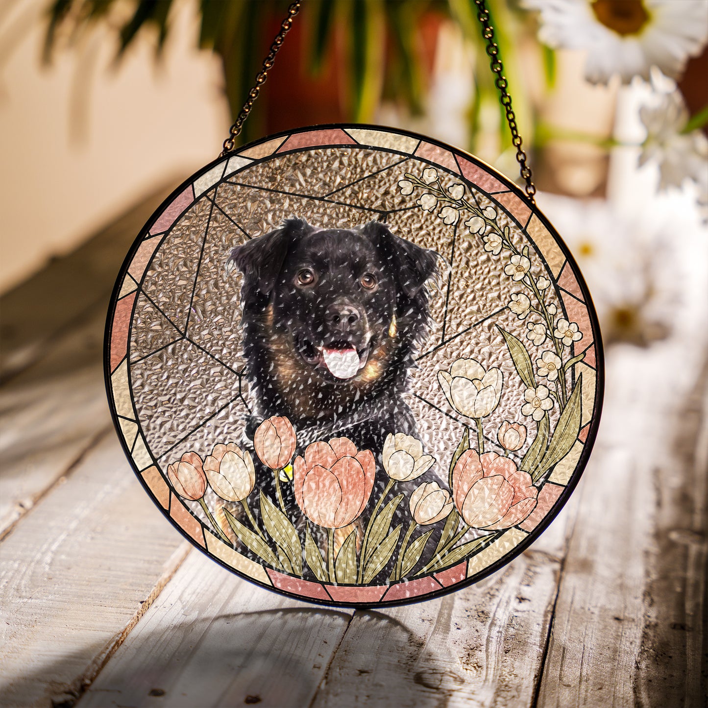 Custom Pet Glass Suncatcher – Personalized Dog Portrait with Yellow Lilies and Daisies – Stained Glass Style Window Hanging Gift (Sun-104)