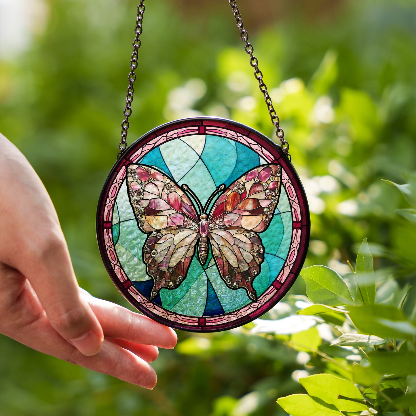 Handcrafted Glass Suncatcher with Butterfly Design – Pink & Jewel Tone Stained Glass Hanging – Window Decor for Spring or Summer (Sun-84)