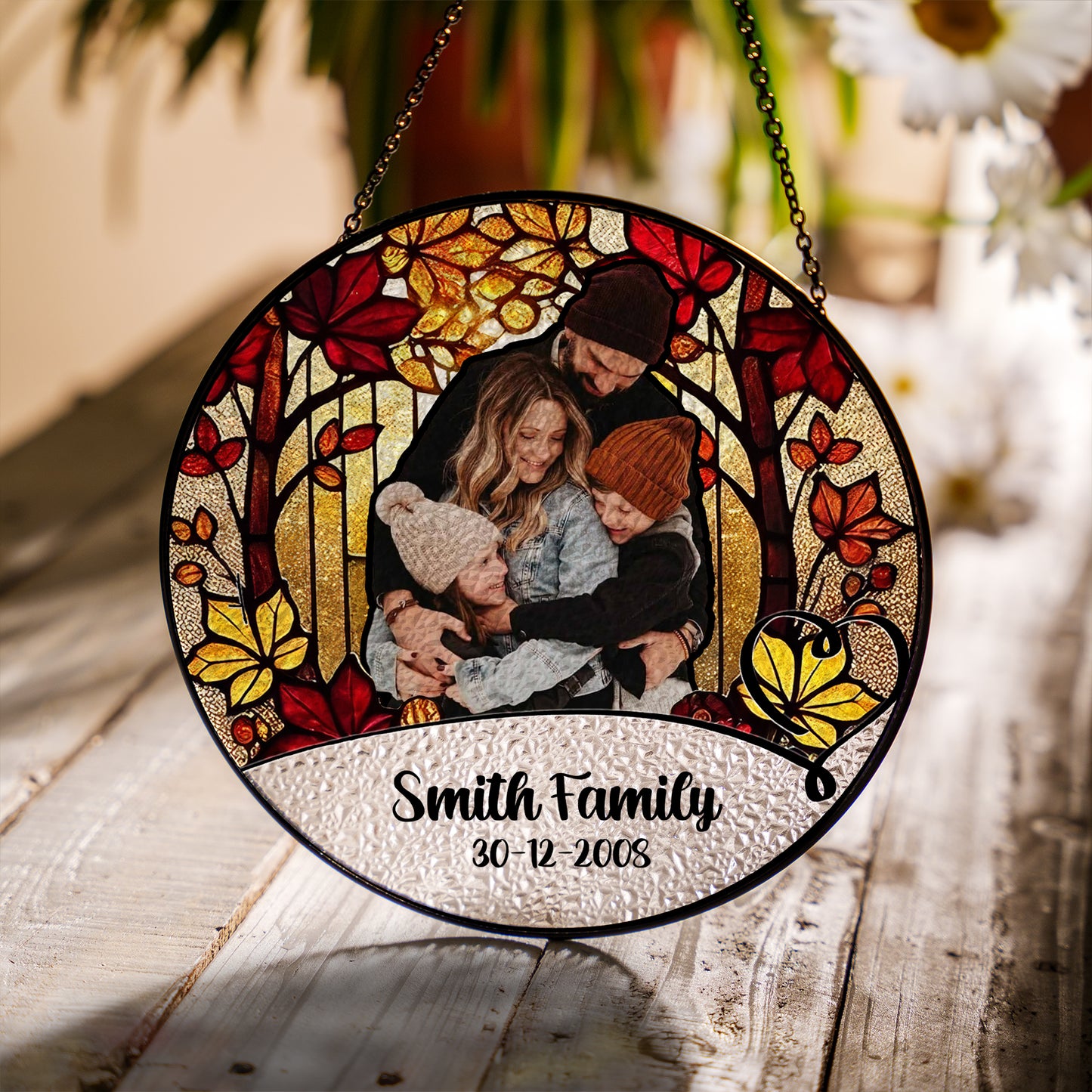 Personalized Family Photo Glass Suncatcher – Custom Stained Glass Window Hanging with Name and Date – Fall Tree Theme Gift for Family (Sun-85)