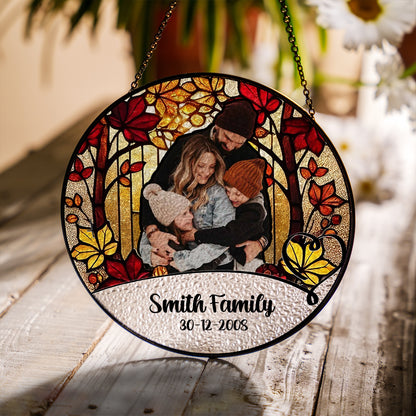 Personalized Family Photo Glass Suncatcher – Custom Stained Glass Window Hanging with Name and Date – Fall Tree Theme Gift for Family (Sun-85)