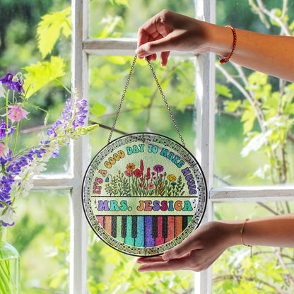 Personalized Music Teacher Glass Suncatcher – Custom Name Piano Design with Flowers – Gift for Music Instructor or Choir Teacher (Sun-83)