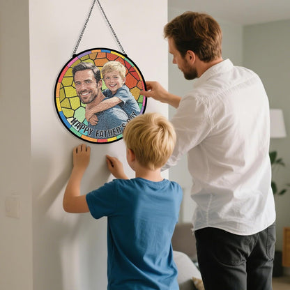 Personalized Stained Glass Suncatcher, Custom Gifts for Fathers Day, Photo Family Portrait Window Ornament, Heartfelt Gifts with Picture for Dad Grandpa Husband (Sun-137)