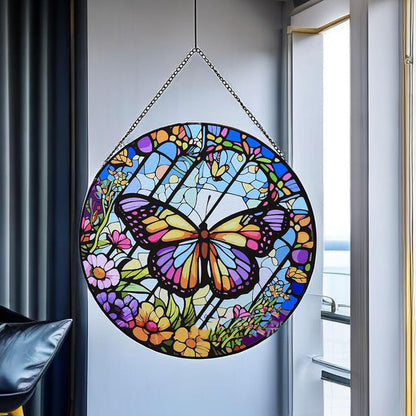 Colored Glass Suncatcher Butterfly Glass Pendant - Circular High End Color Accessories for Bedroom and Living Room (Sun-52)