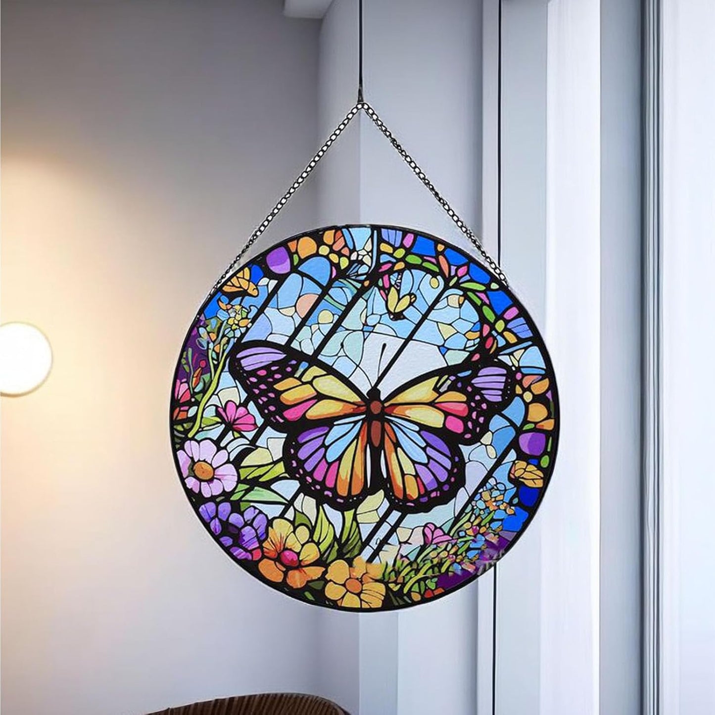 Colored Glass Suncatcher Butterfly Glass Pendant - Circular High End Color Accessories for Bedroom and Living Room (Sun-52)