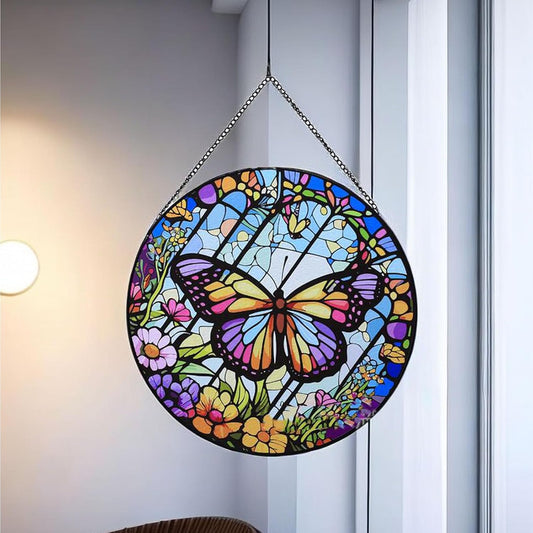 Colored Glass Suncatcher Butterfly Glass Pendant - Circular High End Color Accessories for Bedroom and Living Room (Sun-52)