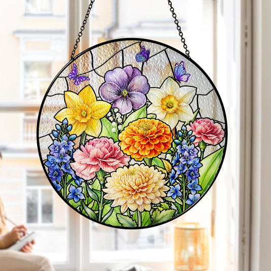 Floral Stained Glass Suncatcher, Colorful Garden Flowers Window Hanging, Spring Home Decor, Mother's Day Gift, Sun Catcher Ornament for Plant Lovers (Sun-114)