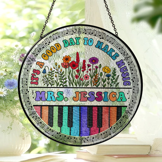 Personalized Music Teacher Glass Suncatcher – Custom Name Piano Design with Flowers – Gift for Music Instructor or Choir Teacher (Sun-83)