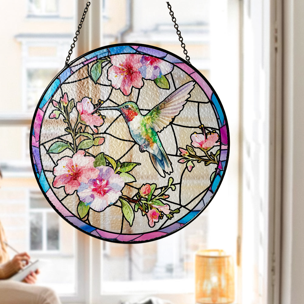 Custom Floral and Hummingbird Stained Glass Suncatcher for Window (Sun-14)