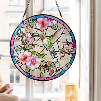 Custom Floral and Hummingbird Stained Glass Suncatcher for Window (Sun-14)