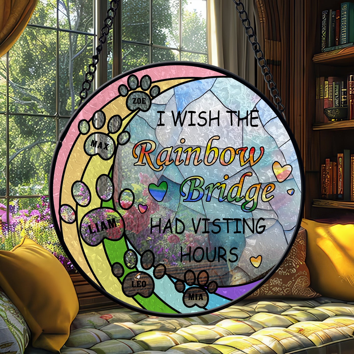 Personalized Glass Suncatcher for Pet Remembrance – Rainbow Bridge Window Hanging with Name and Optional Message – Beautiful Pet Tribute Gift (Sun-87)