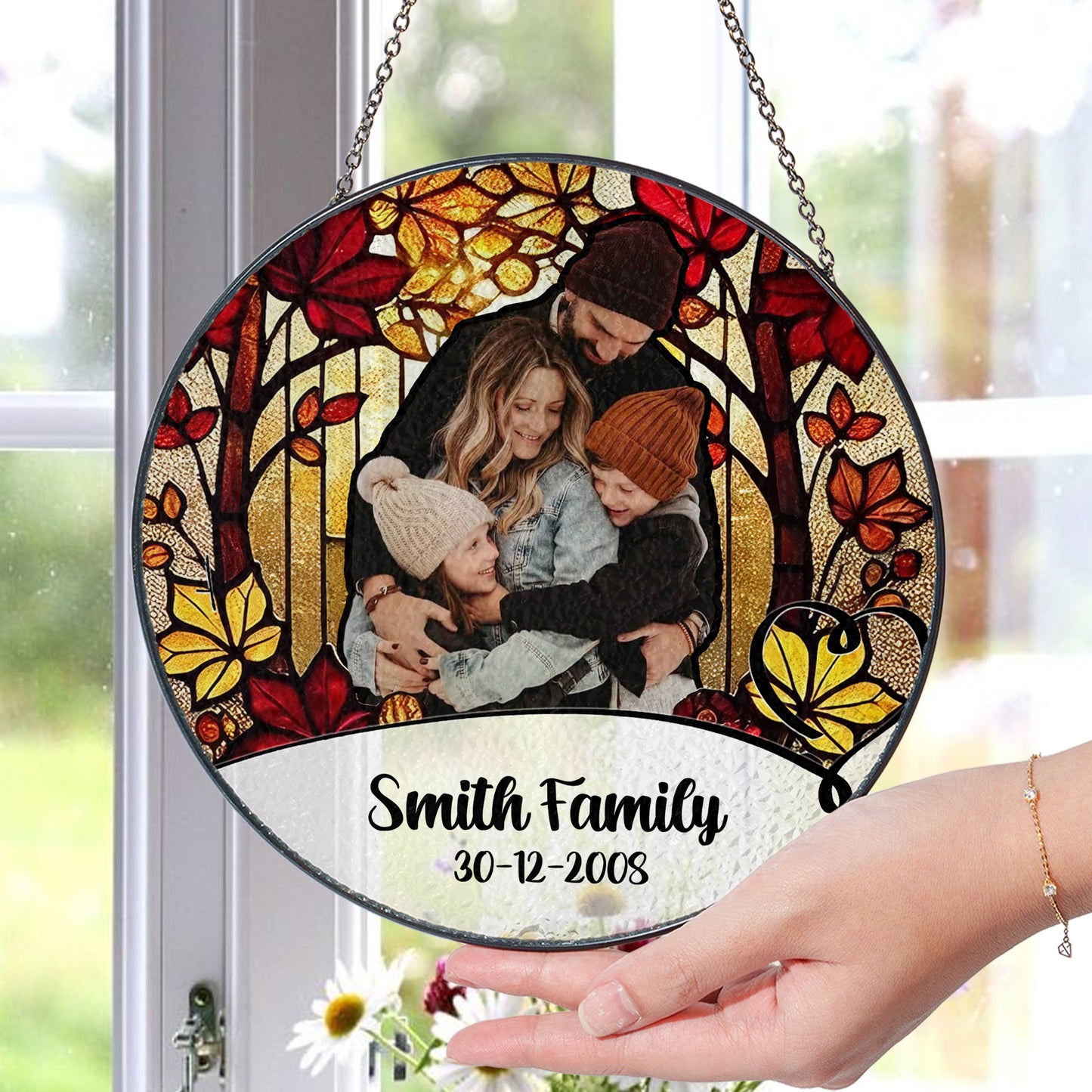Personalized Family Photo Glass Suncatcher – Custom Stained Glass Window Hanging with Name and Date – Fall Tree Theme Gift for Family (Sun-85)