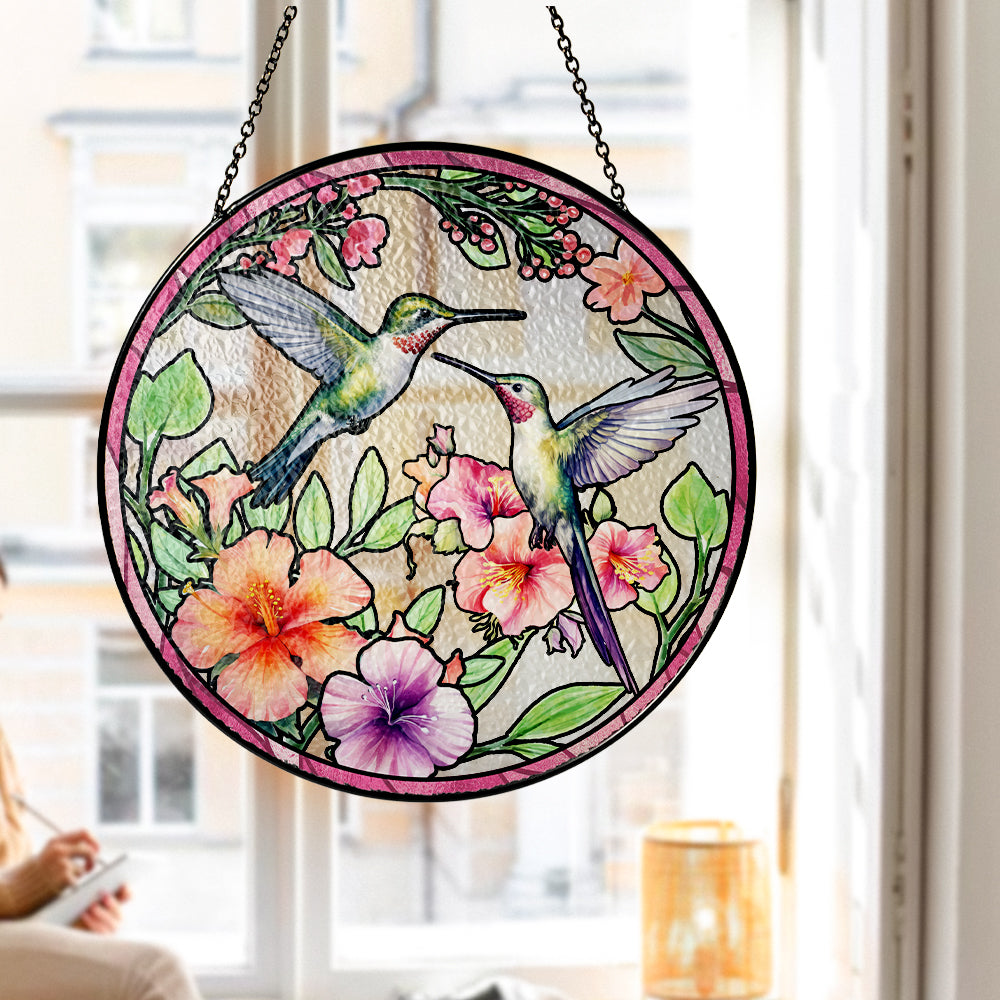 Custom Hummingbird Couple Glass Suncatcher, Elegant Window Decoration for Bird Lovers (Sun-22)
