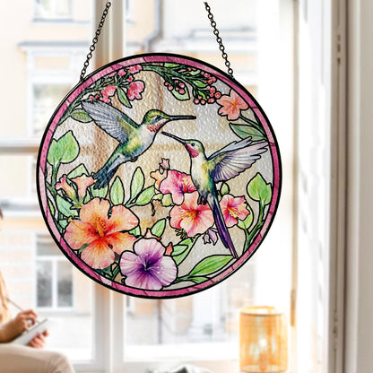 Custom Hummingbird Couple Glass Suncatcher, Elegant Window Decoration for Bird Lovers (Sun-22)