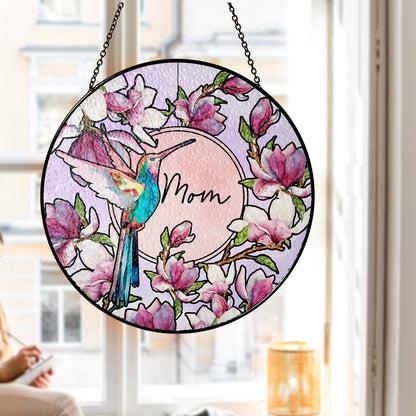 Custom Floral and Hummingbird Stained Glass Suncatcher Gift for Mom (Sun-15)