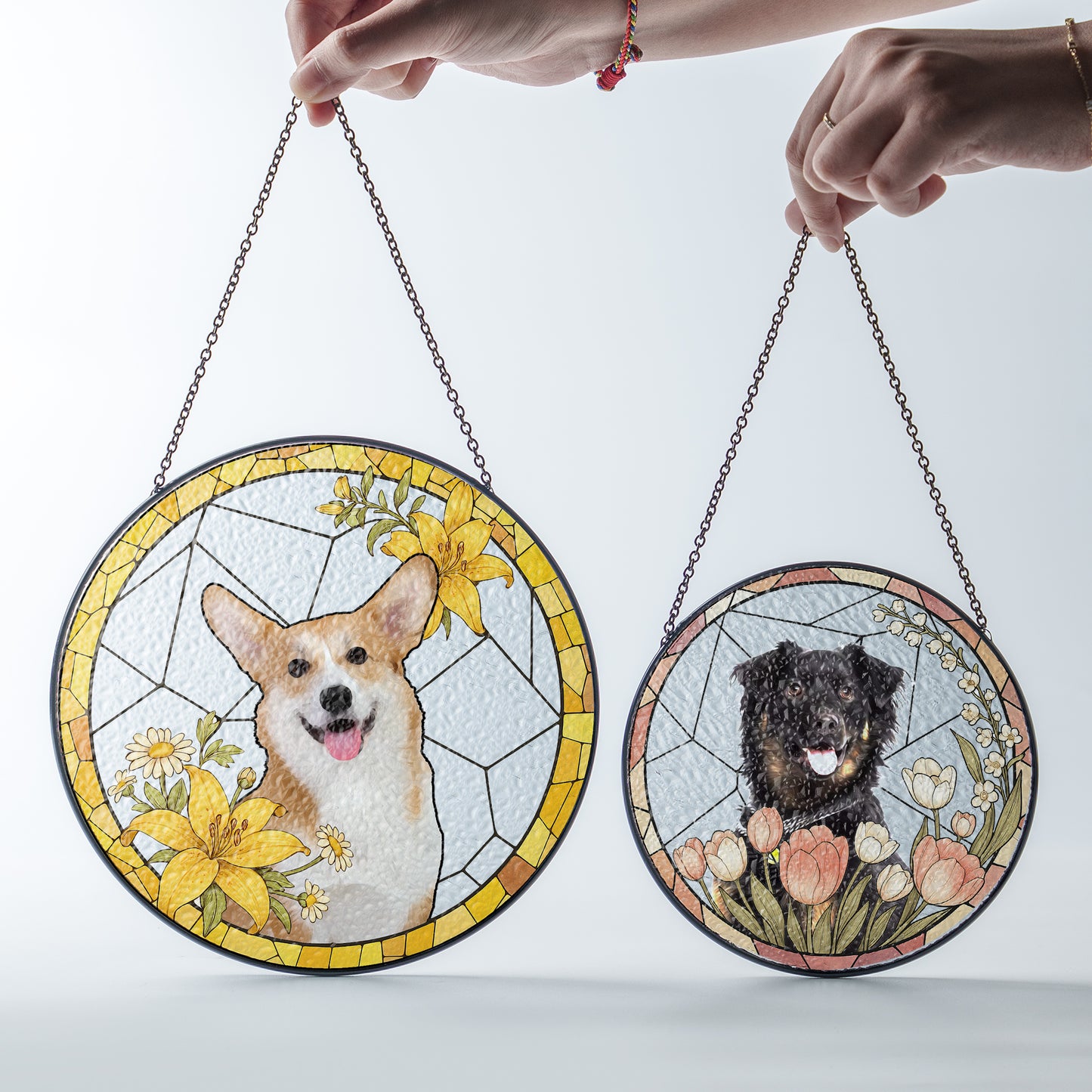 Custom Pet Glass Suncatcher – Personalized Dog Portrait with Yellow Lilies and Daisies – Stained Glass Style Window Hanging Gift (Sun-104)
