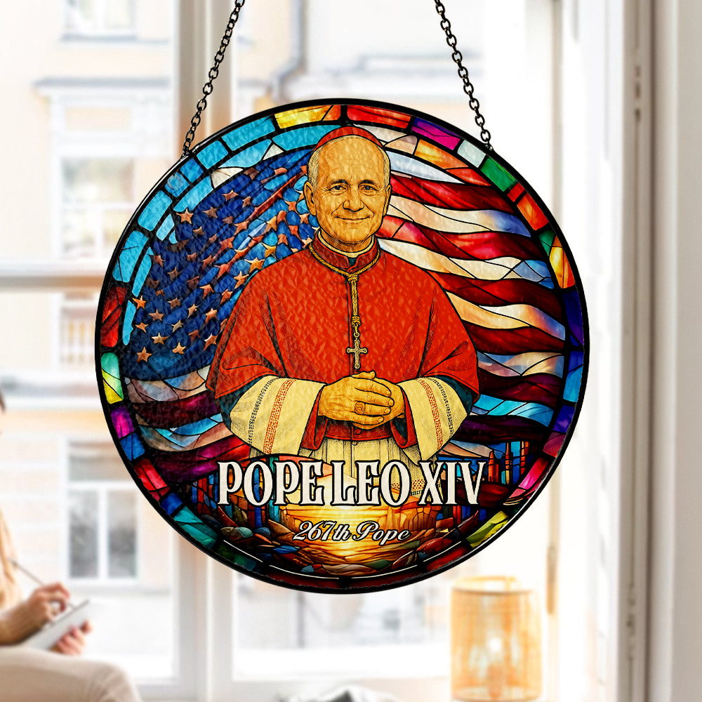 Pope Leo XIV Religious Glass Suncatcher, Christian Home Window Decor, Stained Glass Suncatcher Ornament, Handmade Glass SunCatcher (Sun-113)