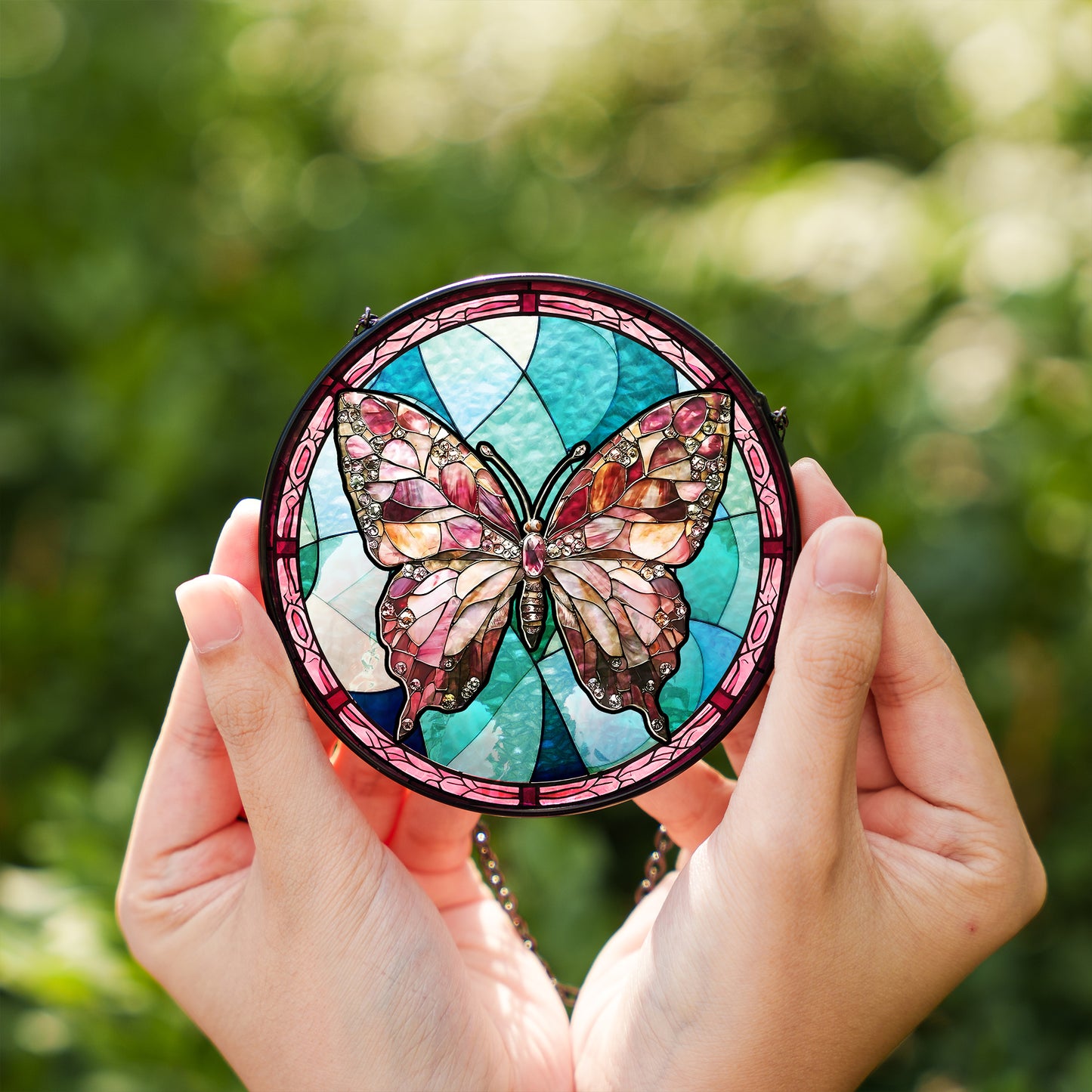 Handcrafted Glass Suncatcher with Butterfly Design – Pink & Jewel Tone Stained Glass Hanging – Window Decor for Spring or Summer (Sun-84)