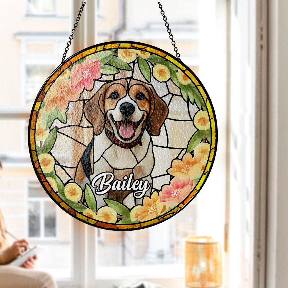 Personalized Glass Suncatcher Pet Portrait, Custom Stained Glass Memorial for Dogs & Cats (Sun-21)