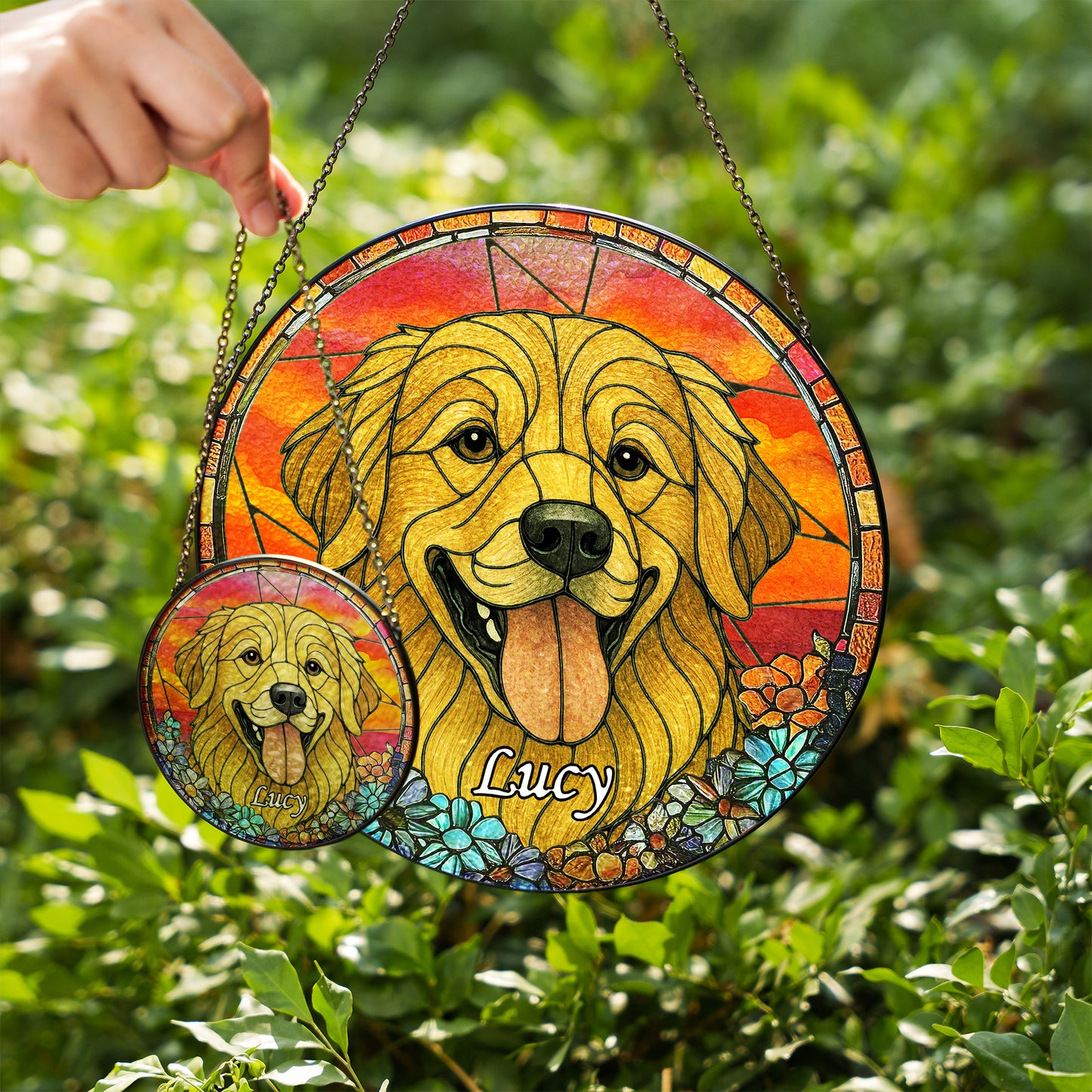 Personalized Dog Portrait Glass Suncatcher with Pet Name – Custom Stained Glass Style Window Hanging for Dog Lovers & Memorial Gift (Sun-81)