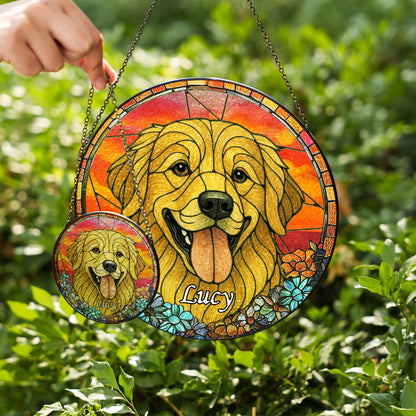 Personalized Dog Portrait Glass Suncatcher with Pet Name – Custom Stained Glass Style Window Hanging for Dog Lovers & Memorial Gift (Sun-81)