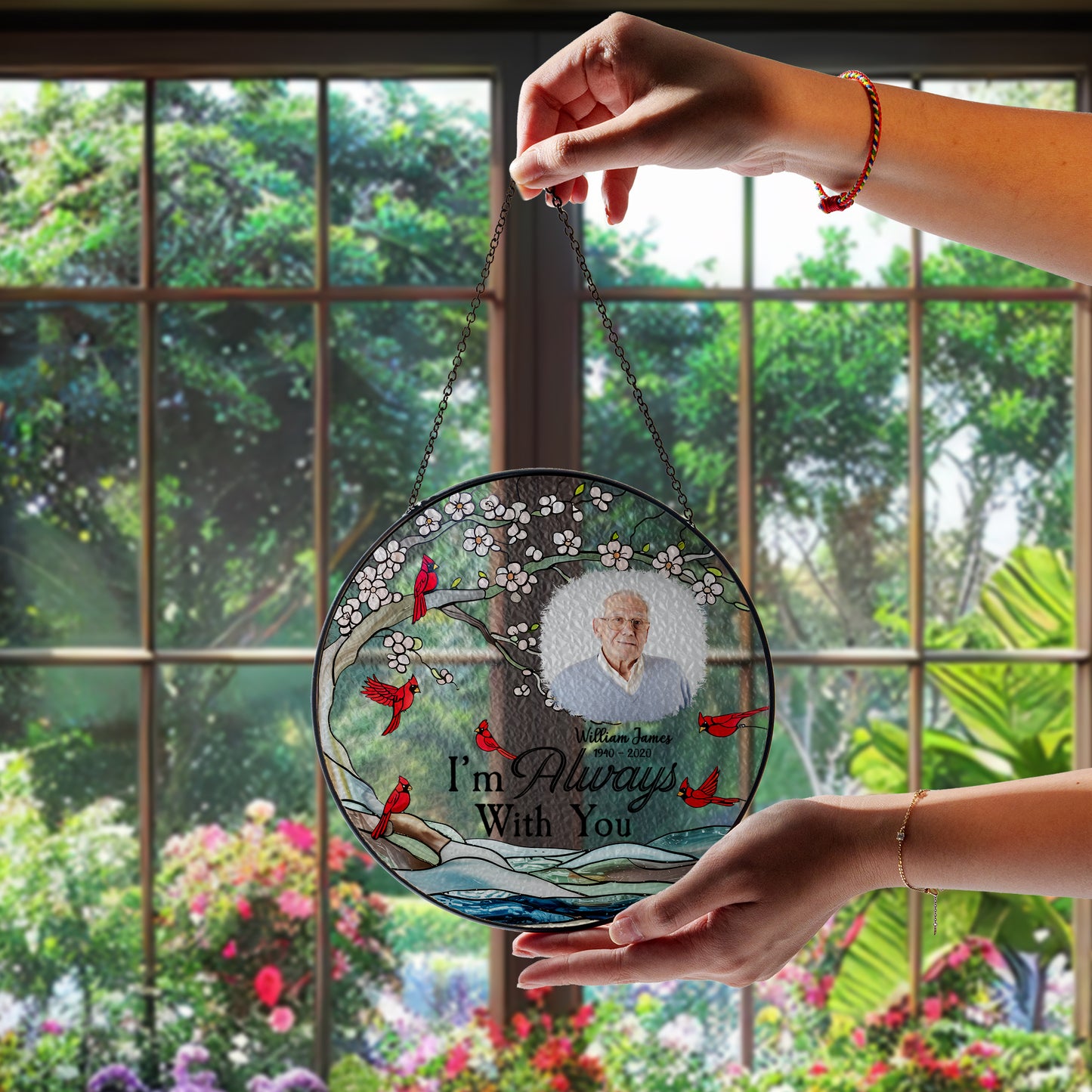 Personalized Glass Suncatcher for Windows – Memorial Cardinal Ornament with Name, Dates & Photo (Sun-95)