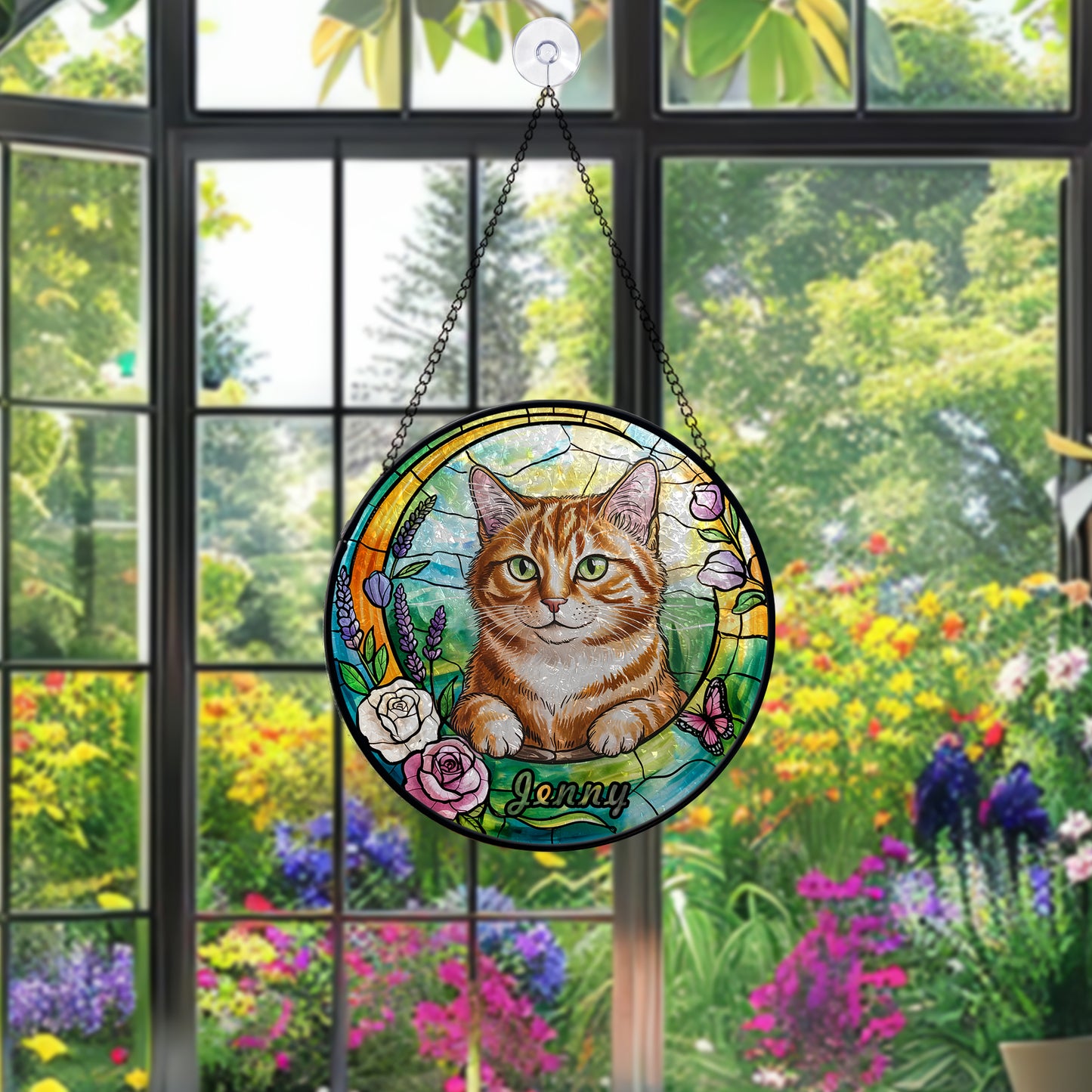 Custom Cat Portrait Glass Suncatcher – Personalized Pet Memorial or Gift for Cat Lovers – Floral Window Hanging with Pet Name (Sun-90)