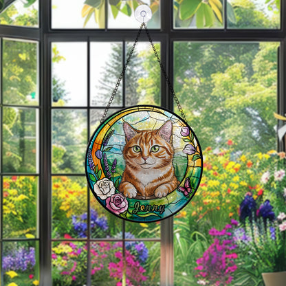Custom Cat Portrait Glass Suncatcher – Personalized Pet Memorial or Gift for Cat Lovers – Floral Window Hanging with Pet Name (Sun-90)