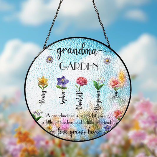 Grandma’s Garden Glass Suncatcher with Custom Names – Floral Window Hanging Sun Catcher – Mother's Day or Birthday Gift for Grandmother (Sun-101)