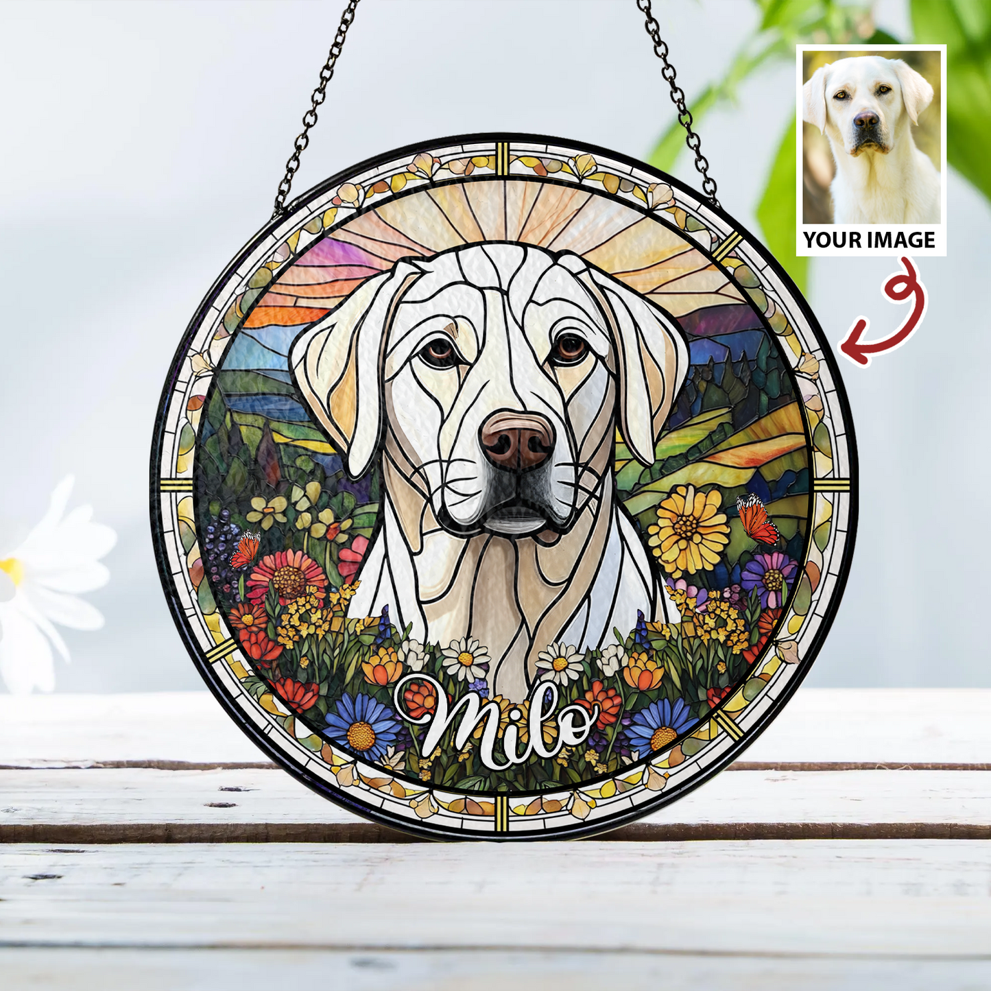 Handmade Glass Suncatcher with Custom Dog Portrait – Pet Loss Tribute and Unique Animal Lover Gift (Sun-47)